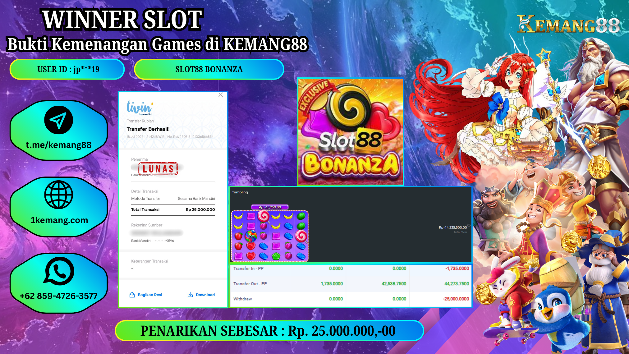 KEMANG88 [18 JULY 2025] : JACKPOT SLOT :  SLOT88 BONANZA [PP]  Rp.25.000.000.,- LUNAS